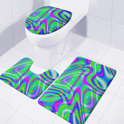 Neon Green Psychedelic Trippy Print 3 Piece Bath Mat Set