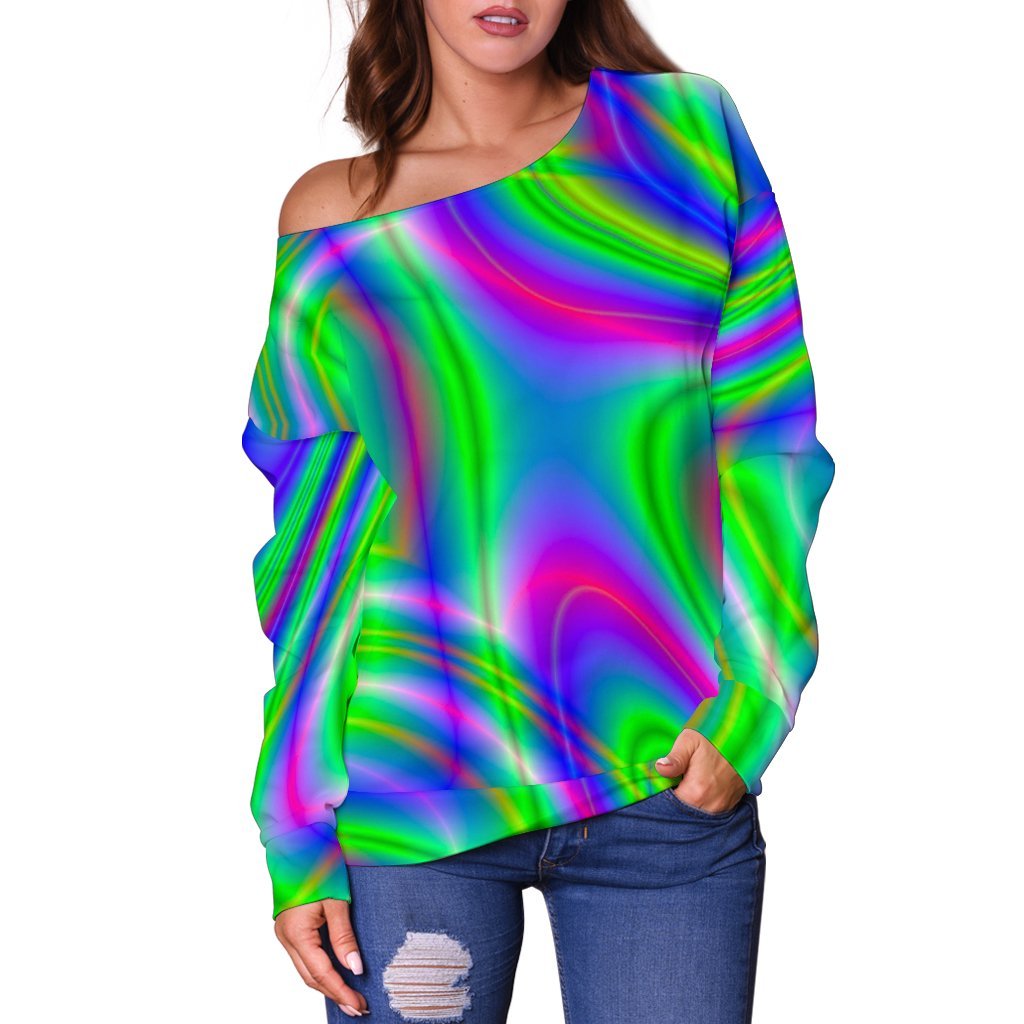 Neon Green Psychedelic Trippy Print Off Shoulder Sweatshirt GearFrost