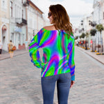 Neon Green Psychedelic Trippy Print Off Shoulder Sweatshirt GearFrost