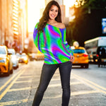 Neon Green Psychedelic Trippy Print Off Shoulder Sweatshirt GearFrost