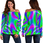 Neon Green Psychedelic Trippy Print Off Shoulder Sweatshirt GearFrost
