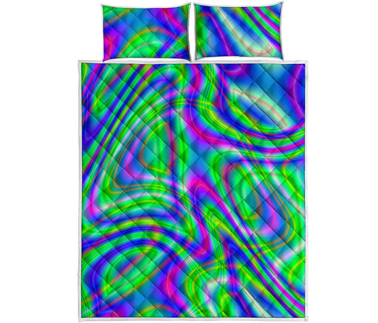 Neon Green Psychedelic Trippy Print Quilt Bed Set