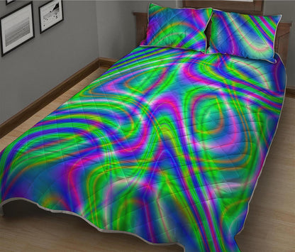Neon Green Psychedelic Trippy Print Quilt Bed Set