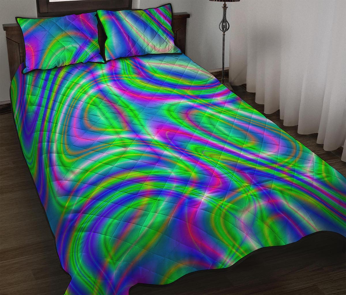 Neon Green Psychedelic Trippy Print Quilt Bed Set
