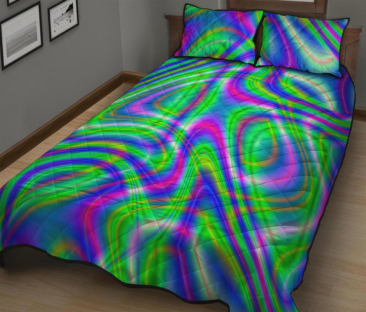 Neon Green Psychedelic Trippy Print Quilt Bed Set