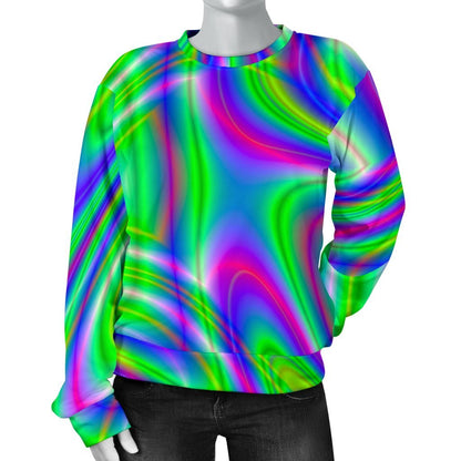 Neon Green Psychedelic Trippy Print Women's Crewneck Sweatshirt GearFrost