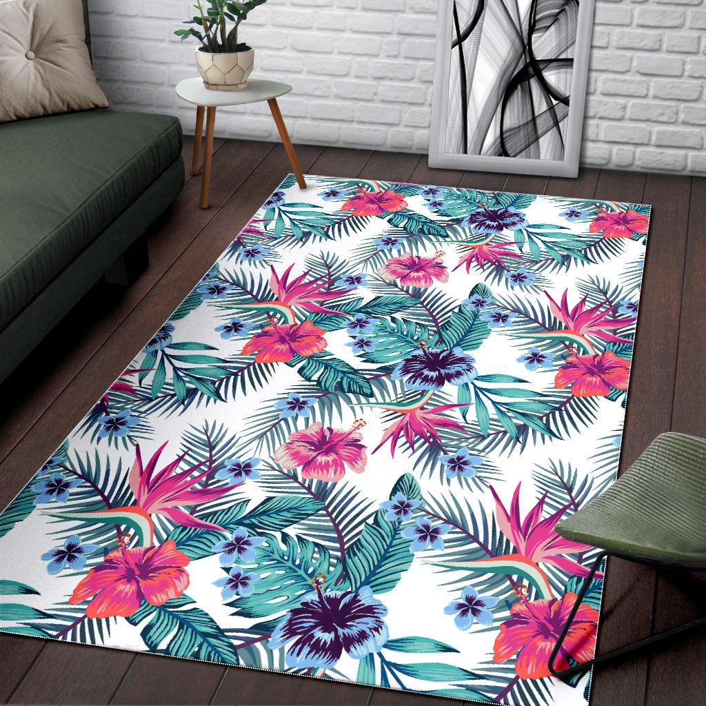 Neon Hibiscus Tropical Pattern Print Area Rug GearFrost