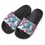 Neon Hibiscus Tropical Pattern Print Black Slide Sandals