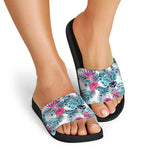 Neon Hibiscus Tropical Pattern Print Black Slide Sandals