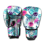 Neon Hibiscus Tropical Pattern Print Boxing Gloves