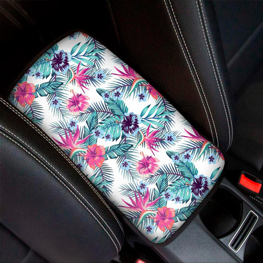 Neon Hibiscus Tropical Pattern Print Car Center Console Cover