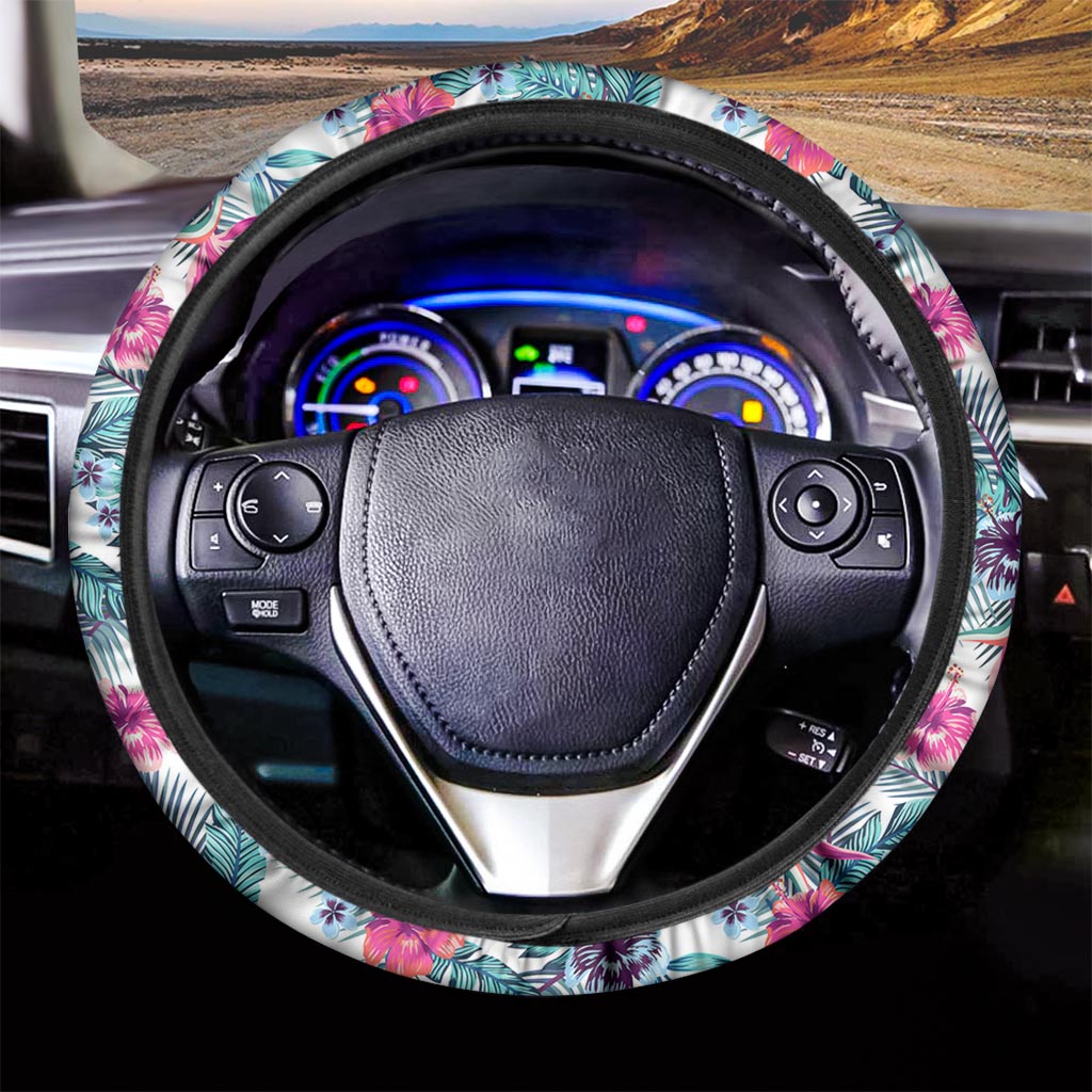 Neon Hibiscus Tropical Pattern Print Car Steering Wheel Cover