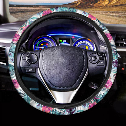 Neon Hibiscus Tropical Pattern Print Car Steering Wheel Cover
