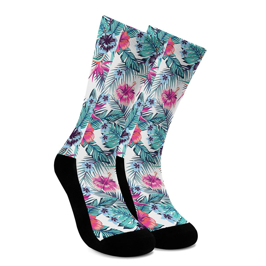 Neon Hibiscus Tropical Pattern Print Crew Socks