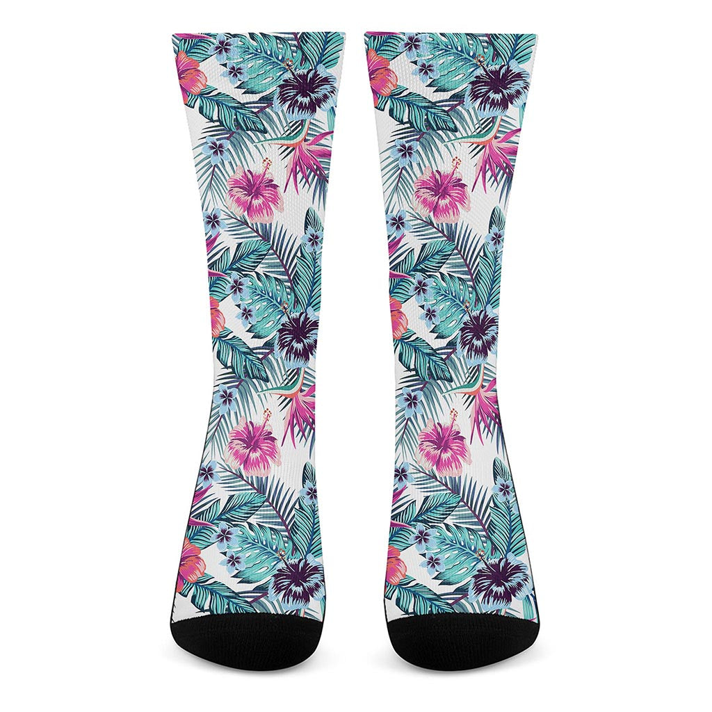 Neon Hibiscus Tropical Pattern Print Crew Socks