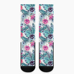 Neon Hibiscus Tropical Pattern Print Crew Socks