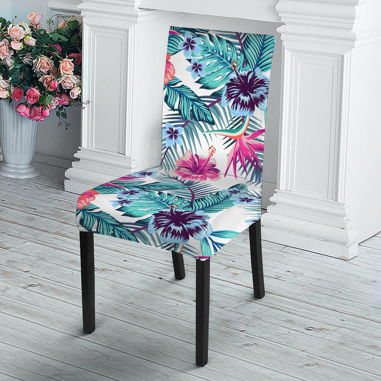 Neon Hibiscus Tropical Pattern Print Dining Chair Slipcover