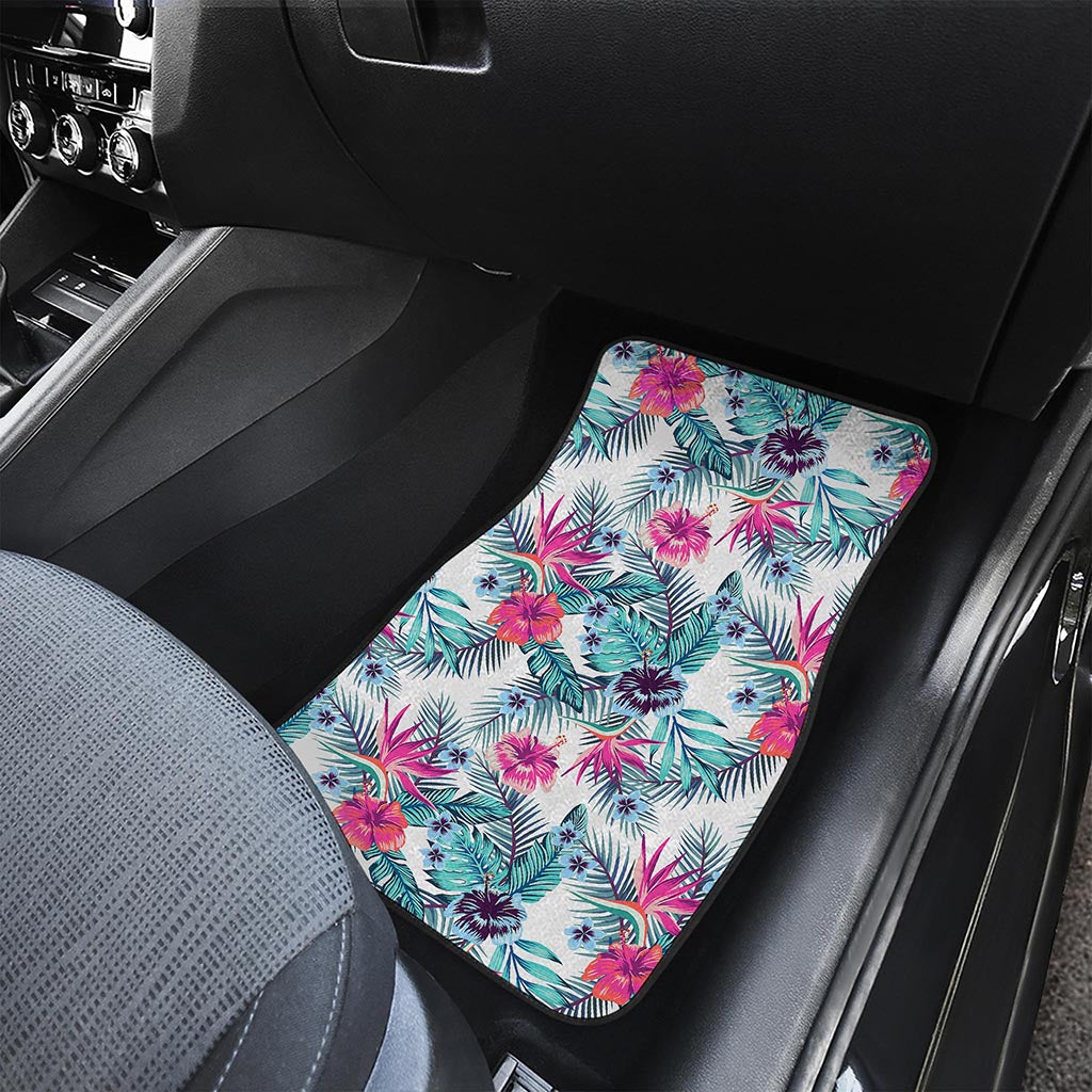 Neon Hibiscus Tropical Pattern Print Front and Back Car Floor Mats