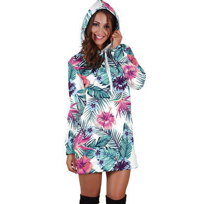 Neon Hibiscus Tropical Pattern Print Hoodie Dress GearFrost