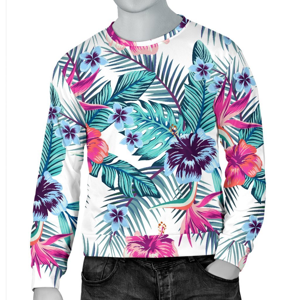 Neon Hibiscus Tropical Pattern Print Men's Crewneck Sweatshirt GearFrost