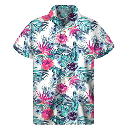 Neon Hibiscus Tropical Pattern Print Men's Short Sleeve Shirt