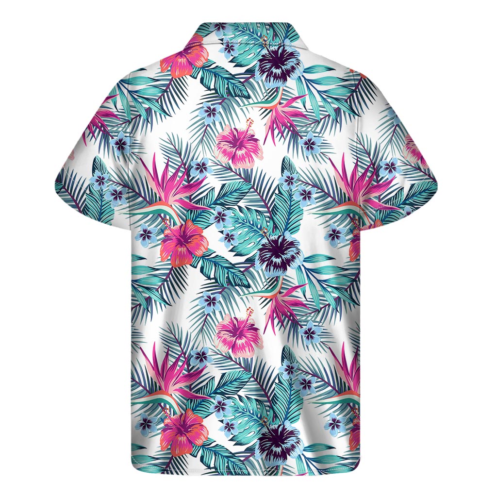 Neon Hibiscus Tropical Pattern Print Men's Short Sleeve Shirt