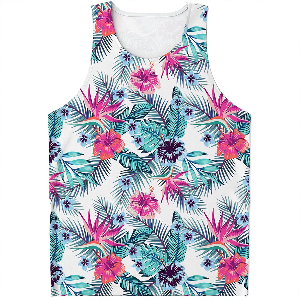 Neon Hibiscus Tropical Pattern Print Men's Tank Top