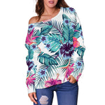 Neon Hibiscus Tropical Pattern Print Off Shoulder Sweatshirt GearFrost