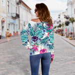 Neon Hibiscus Tropical Pattern Print Off Shoulder Sweatshirt GearFrost