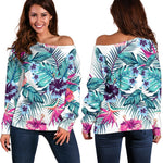 Neon Hibiscus Tropical Pattern Print Off Shoulder Sweatshirt GearFrost