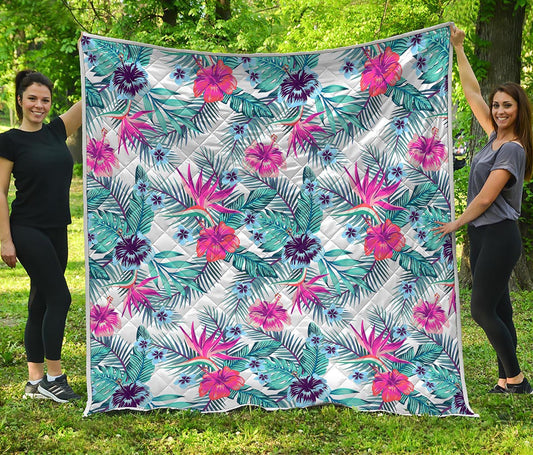 Neon Hibiscus Tropical Pattern Print Quilt