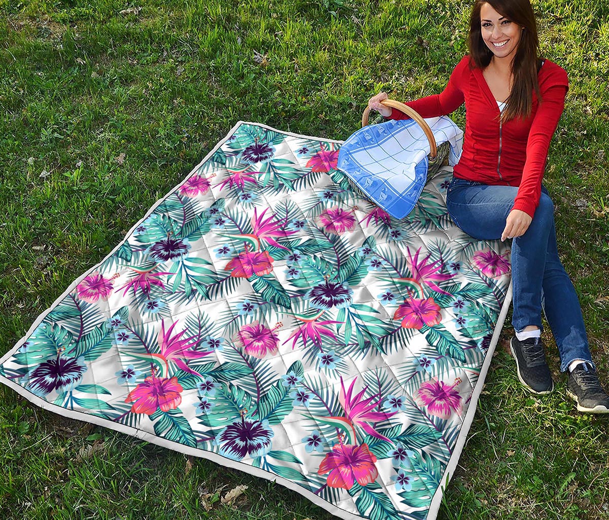 Neon Hibiscus Tropical Pattern Print Quilt