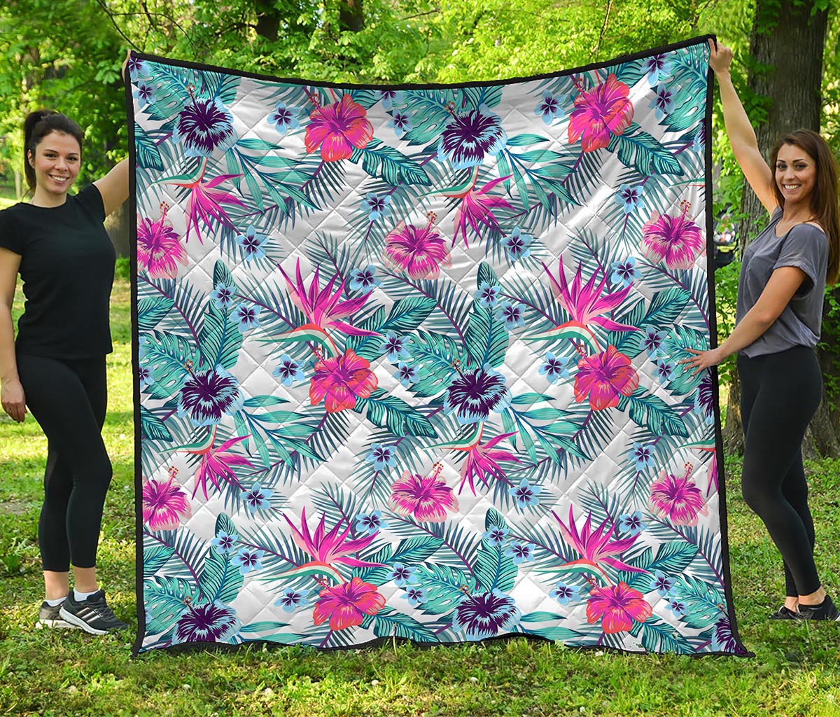 Neon Hibiscus Tropical Pattern Print Quilt