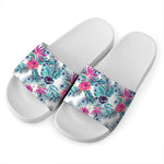 Neon Hibiscus Tropical Pattern Print White Slide Sandals