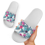 Neon Hibiscus Tropical Pattern Print White Slide Sandals