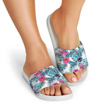 Neon Hibiscus Tropical Pattern Print White Slide Sandals