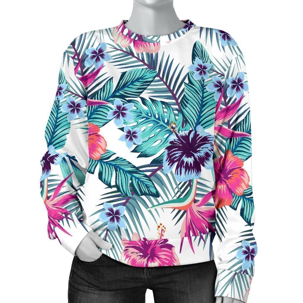Neon Hibiscus Tropical Pattern Print Women's Crewneck Sweatshirt GearFrost
