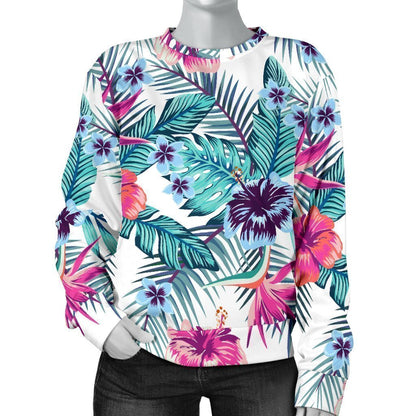 Neon Hibiscus Tropical Pattern Print Women's Crewneck Sweatshirt GearFrost