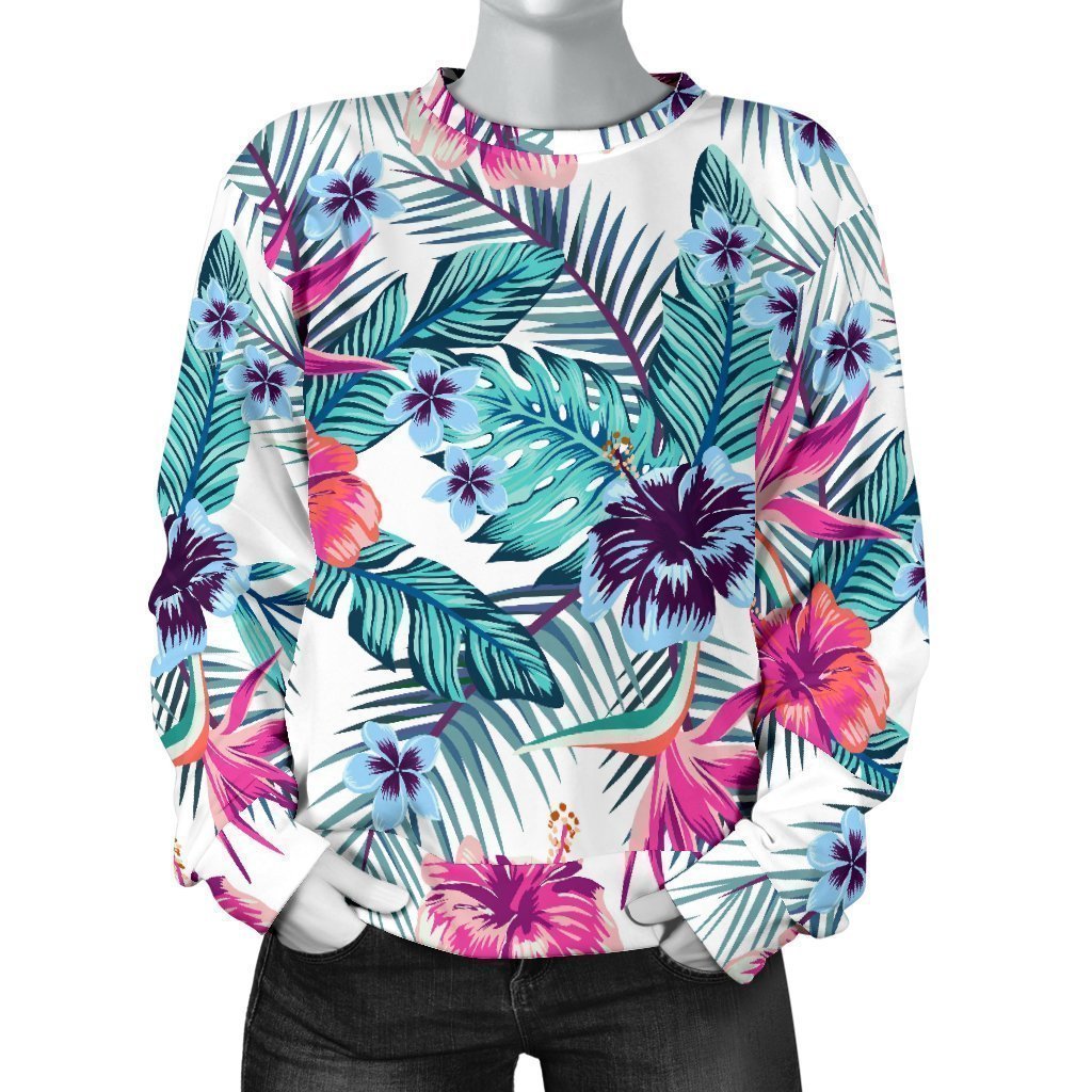 Neon Hibiscus Tropical Pattern Print Women's Crewneck Sweatshirt GearFrost