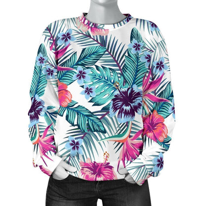 Neon Hibiscus Tropical Pattern Print Women's Crewneck Sweatshirt GearFrost