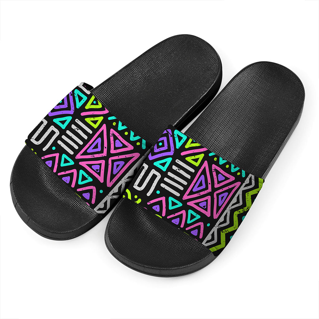 Neon Native Aztec Pattern Print Black Slide Sandals