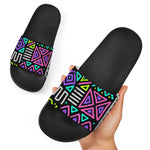 Neon Native Aztec Pattern Print Black Slide Sandals