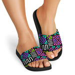 Neon Native Aztec Pattern Print Black Slide Sandals