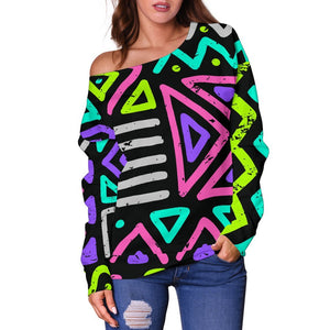 Neon Native Aztec Pattern Print Off Shoulder Sweatshirt GearFrost