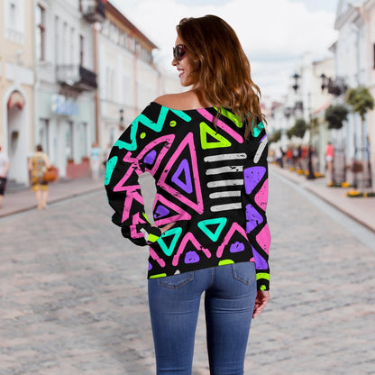 Neon Native Aztec Pattern Print Off Shoulder Sweatshirt GearFrost