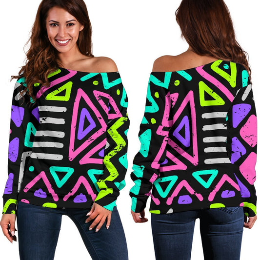 Neon Native Aztec Pattern Print Off Shoulder Sweatshirt GearFrost