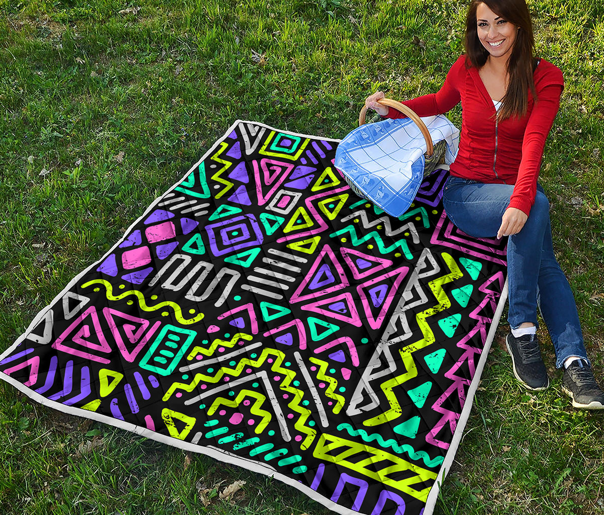 Neon Native Aztec Pattern Print Quilt