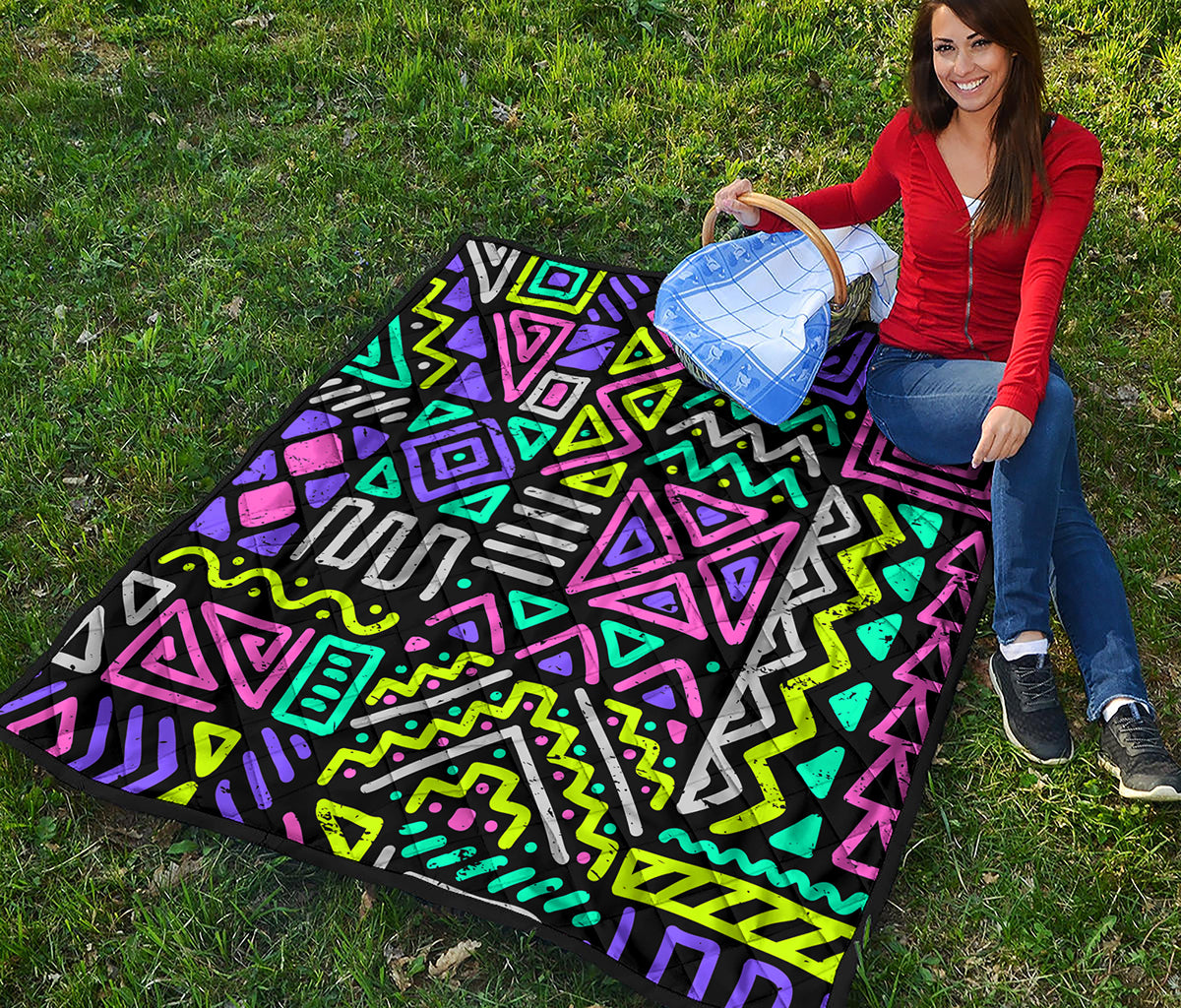 Neon Native Aztec Pattern Print Quilt