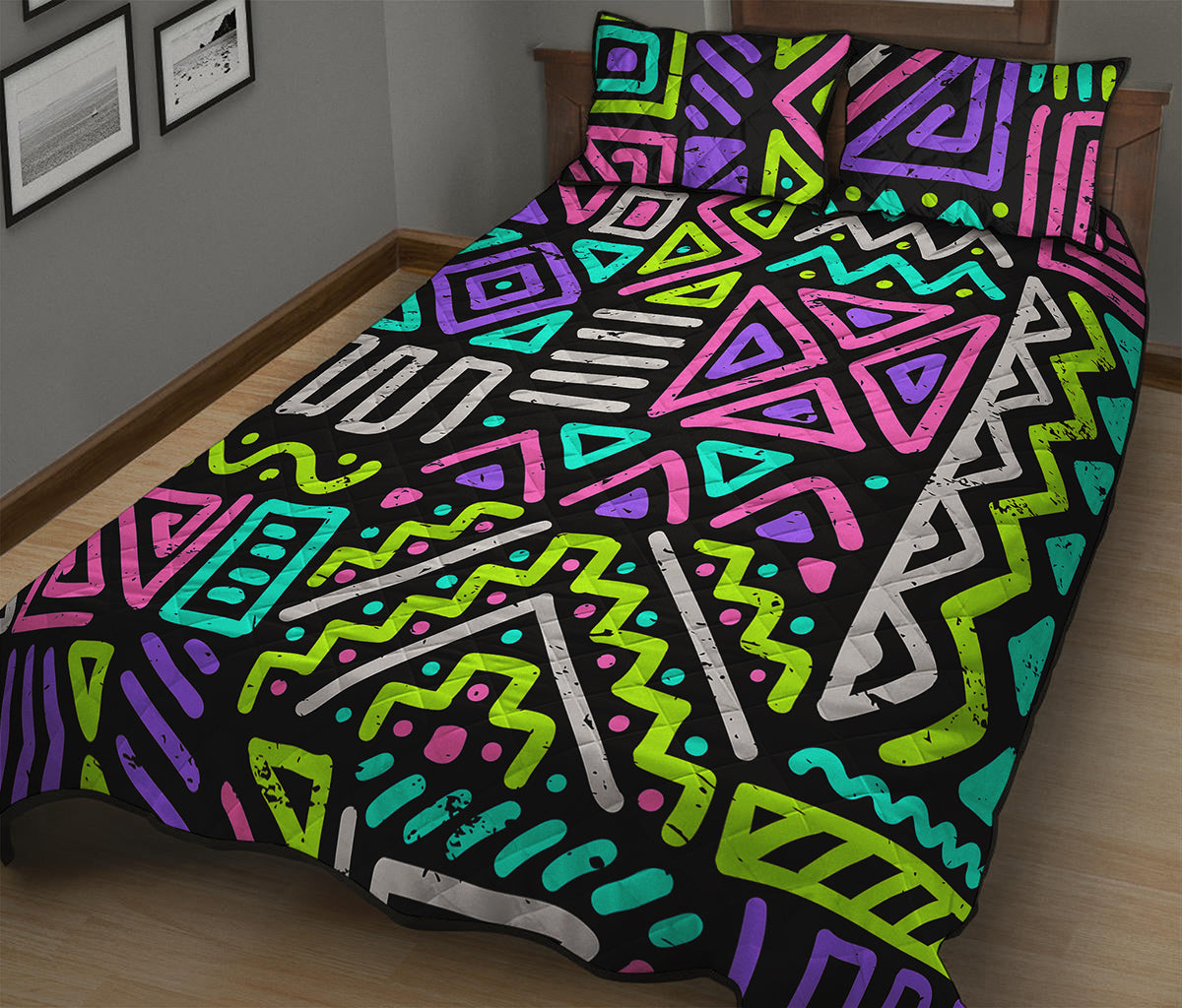 Neon Native Aztec Pattern Print Quilt Bed Set