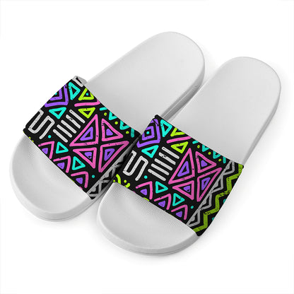Neon Native Aztec Pattern Print White Slide Sandals